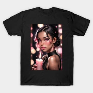 Candle Holding Beautiful Anime Girl of Color T-Shirt